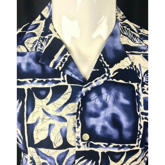 Cintas Hawaiian Aloha Shirt Medium Polynesian Tapa Print Button Front Navy White - Picture 2 of 6